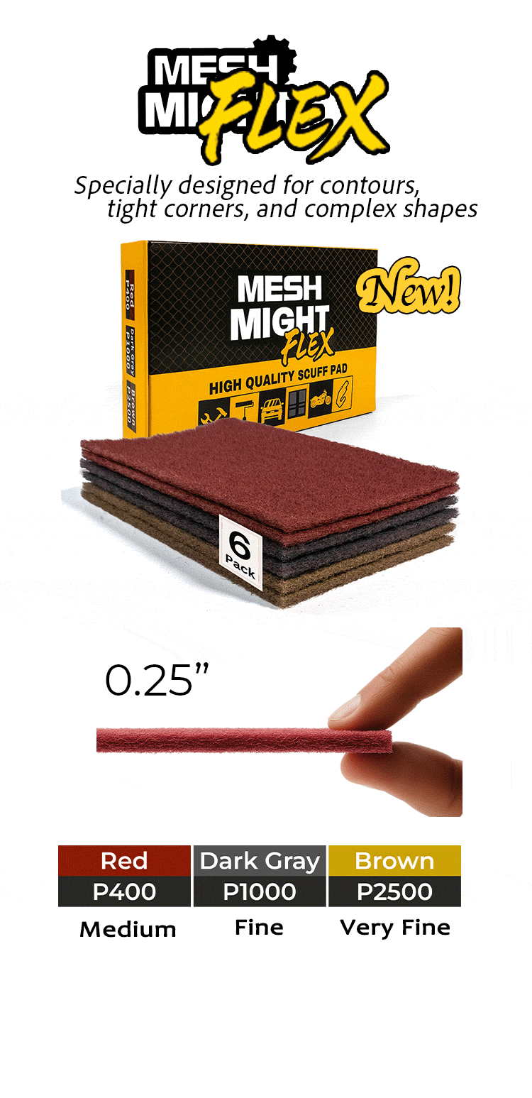 MeshMight Flex scuff pads - flexible abrasive pads with superior conformability for woodworking and automotive finishing